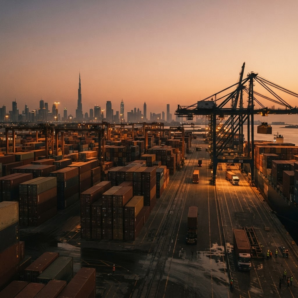 Cargo containers at a shipping port near Dubai