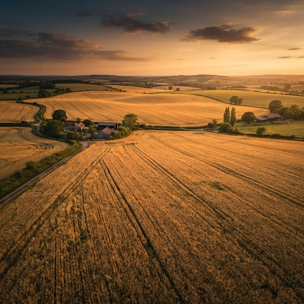 Golden grain fields at sunset